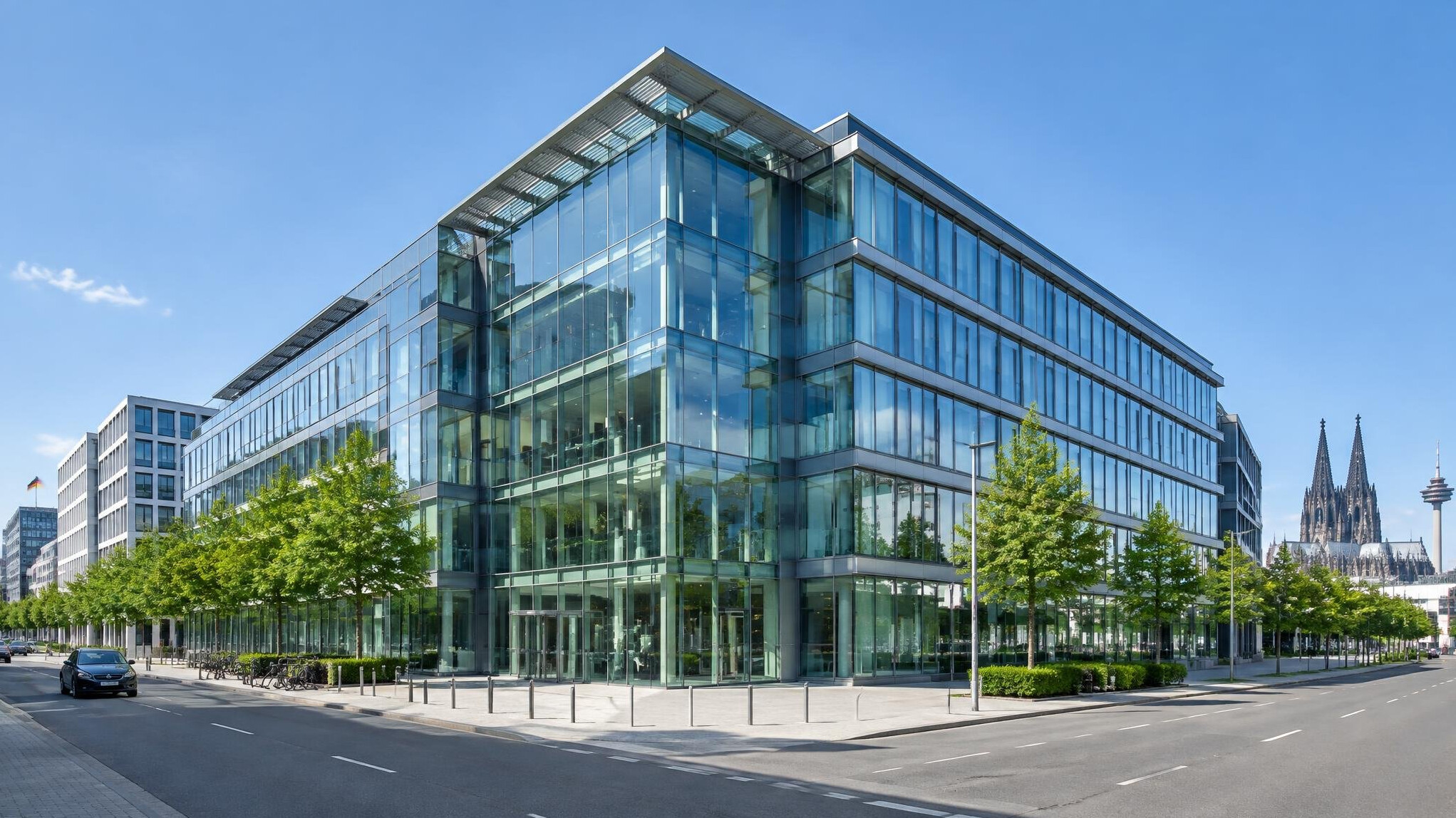 Modern glass office building exterior in a European city